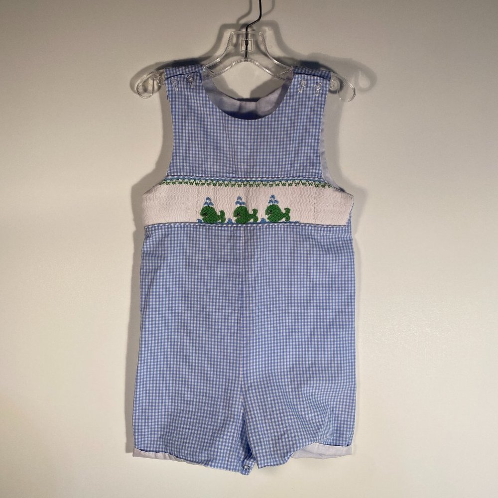 Smocking Bird Whale Print Blue White Gingham Romper Boy Size 3 T
